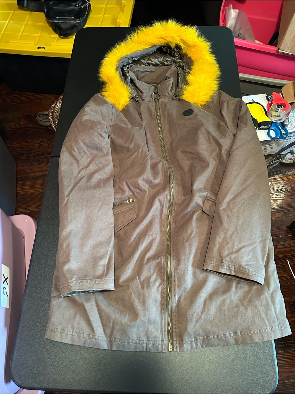 Volcom green jacket with yellow fur hood, size S
